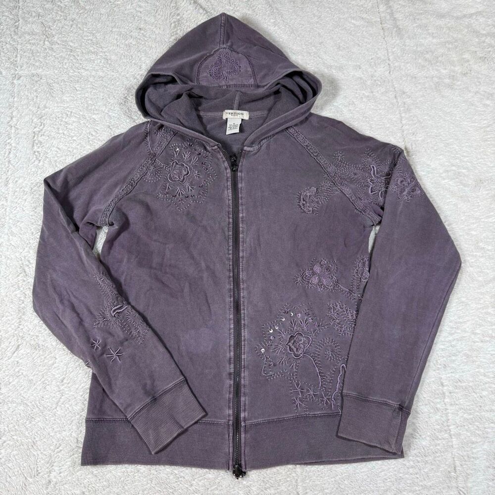 Y2K Vertigo Velour Tracksuit Set Women’s Purple Embroidered Zip Hoodie & Pants - Picture 3 of 9